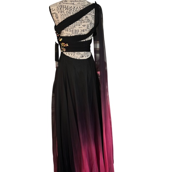 Nina Canacci Black Fuschia Ombre One Shoulder Gown Beaded Embellished Size 2 - Picture 7 of 11